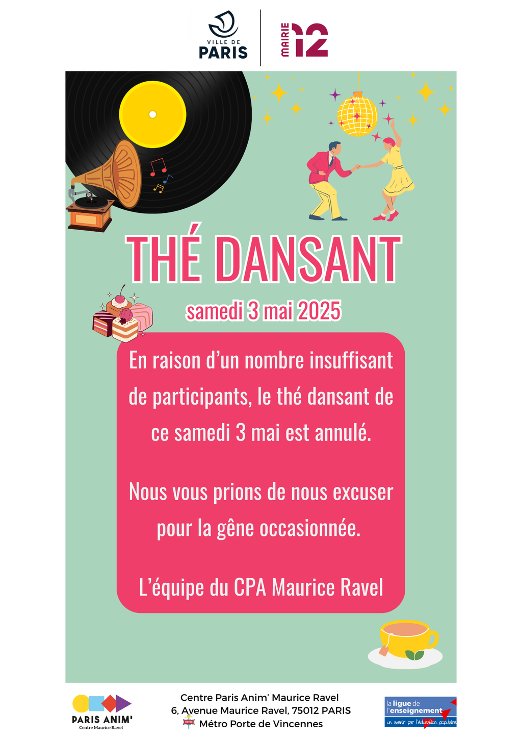Annulation thé dansant samedi 3 mai 