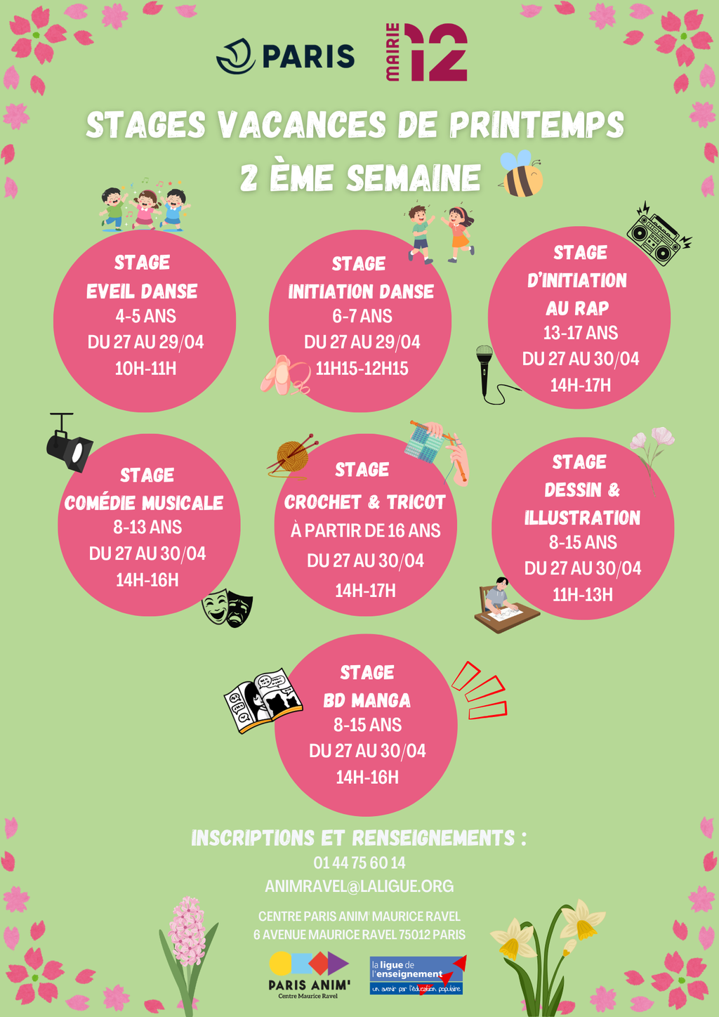 Programmation stages 2ème semaine des vacances de printemps enfants, ados & adultes 🌼