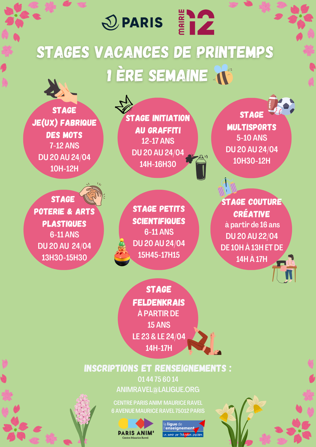 Programmation stages 1ère semaine des vacances de printemps enfants, ados & adultes 🌼